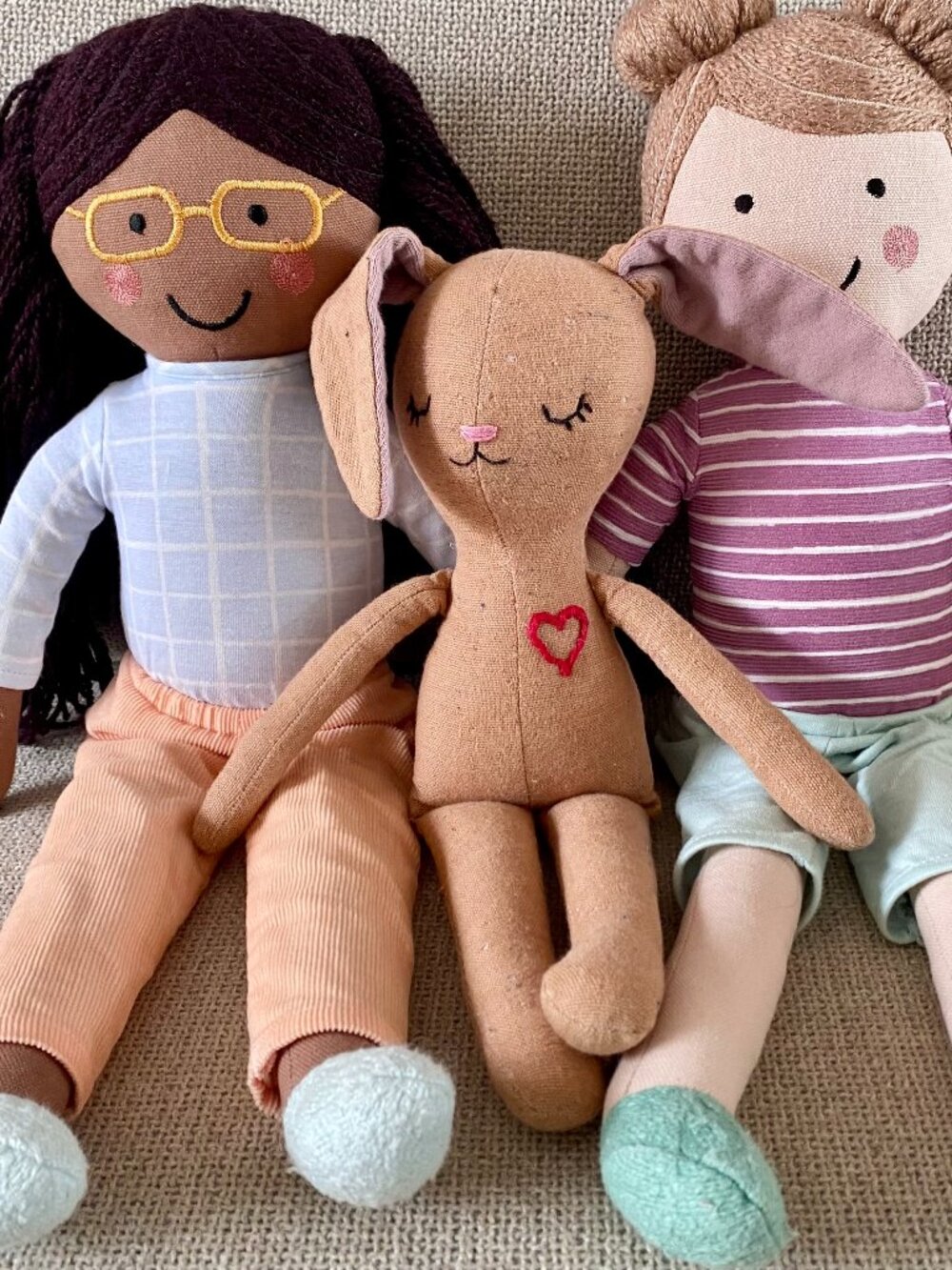 Adorable Cloth Dolls & Handmade Bunny Plush Doll Set, Waldorf Style, Lot of 3